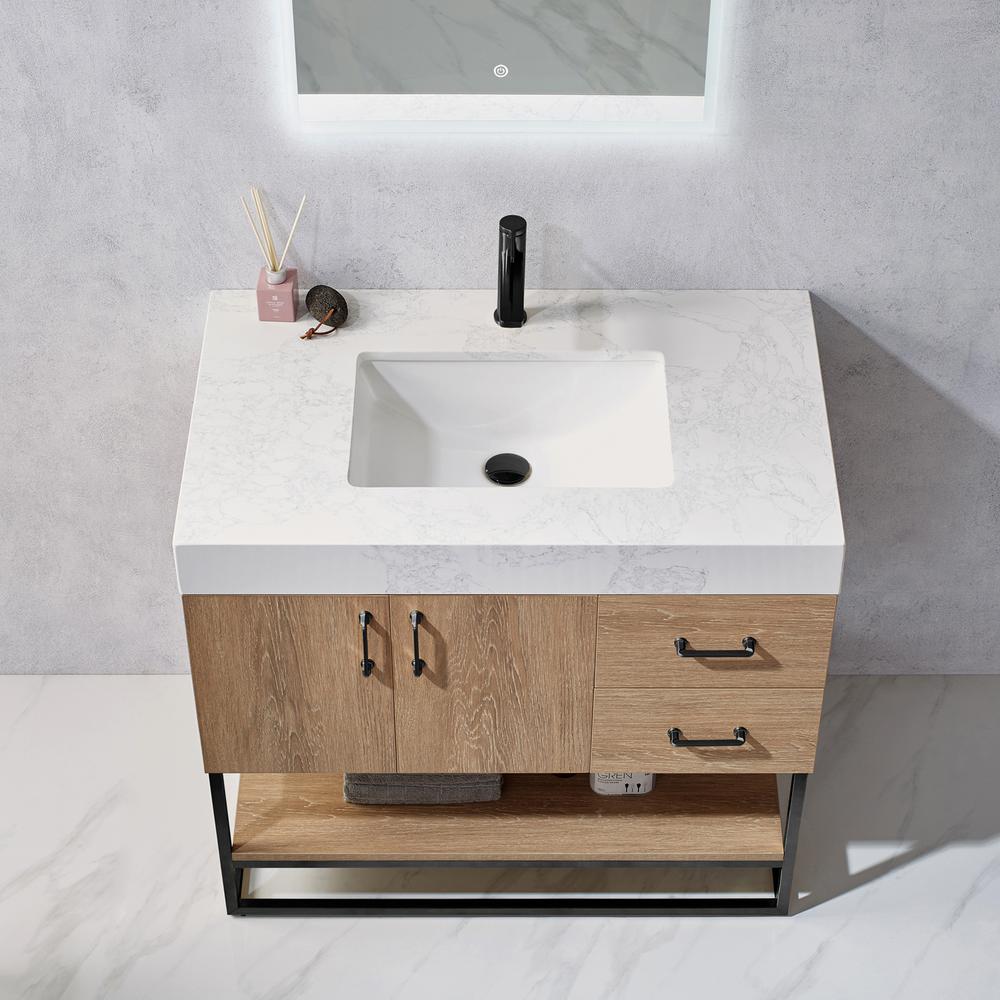 36B" Single Vanity with White Grain Stone Countertop With Mirror