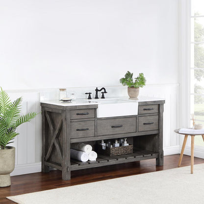 Single Bath Vanity with Composite Stone Top, White Farmhouse Basin