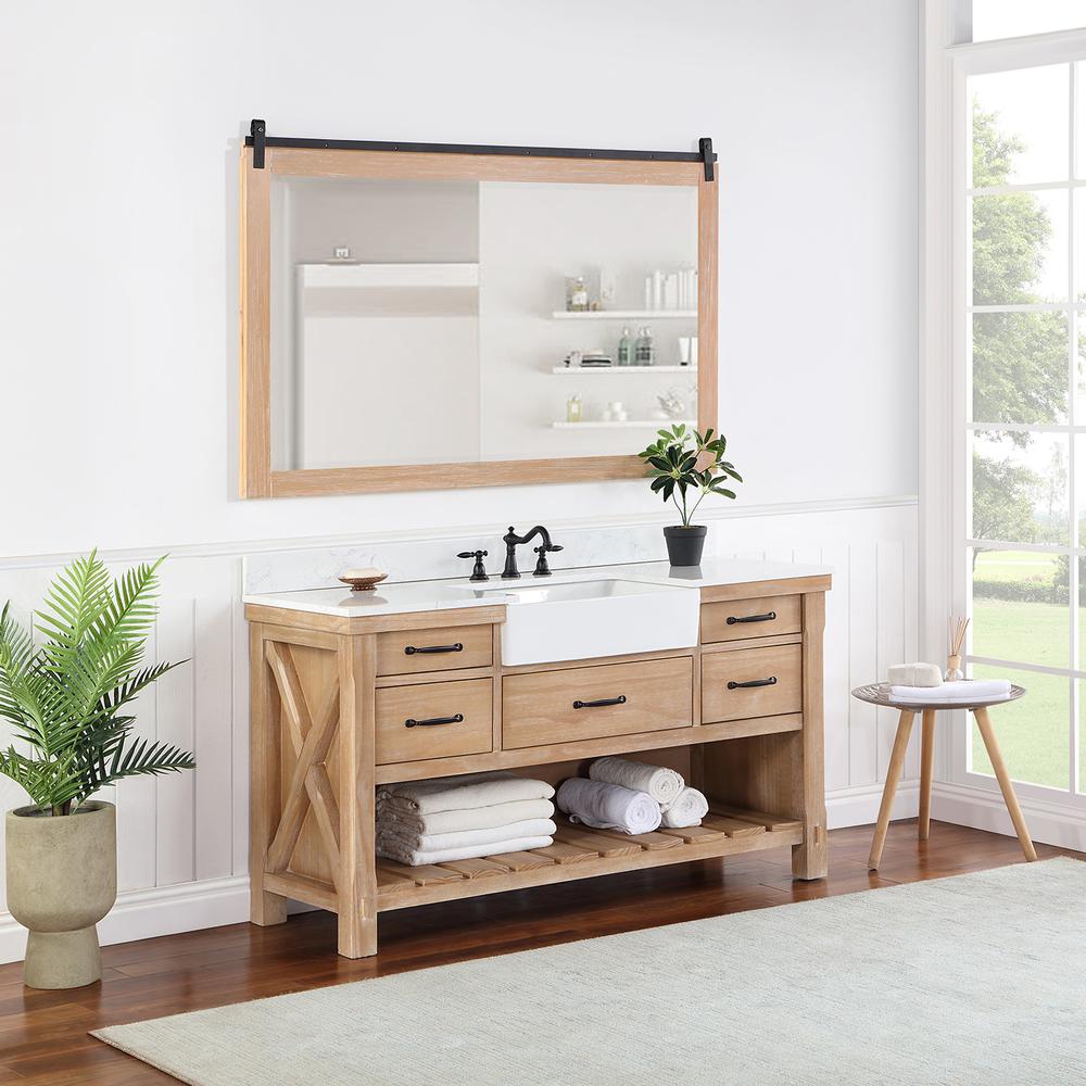 Single Bath Vanity with Composite Stone Top, White Farmhouse Basin and Mirror