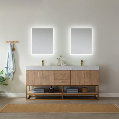 72" Double Vanity with White Grain Stone Countertop With Mirror