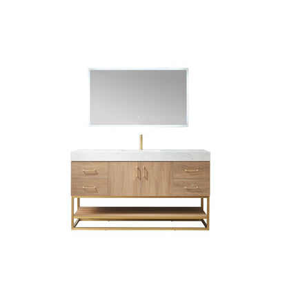 60" Single Sink Bath Vanity with White Grain Stone Countertop and Mirror