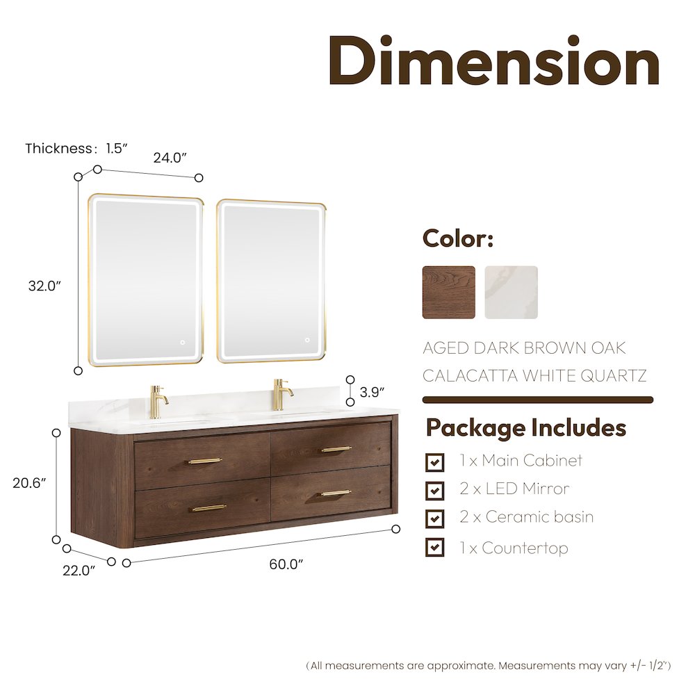 Cristo 60M" Floating Double Bath Vanity in Aged Dark Brown Oak