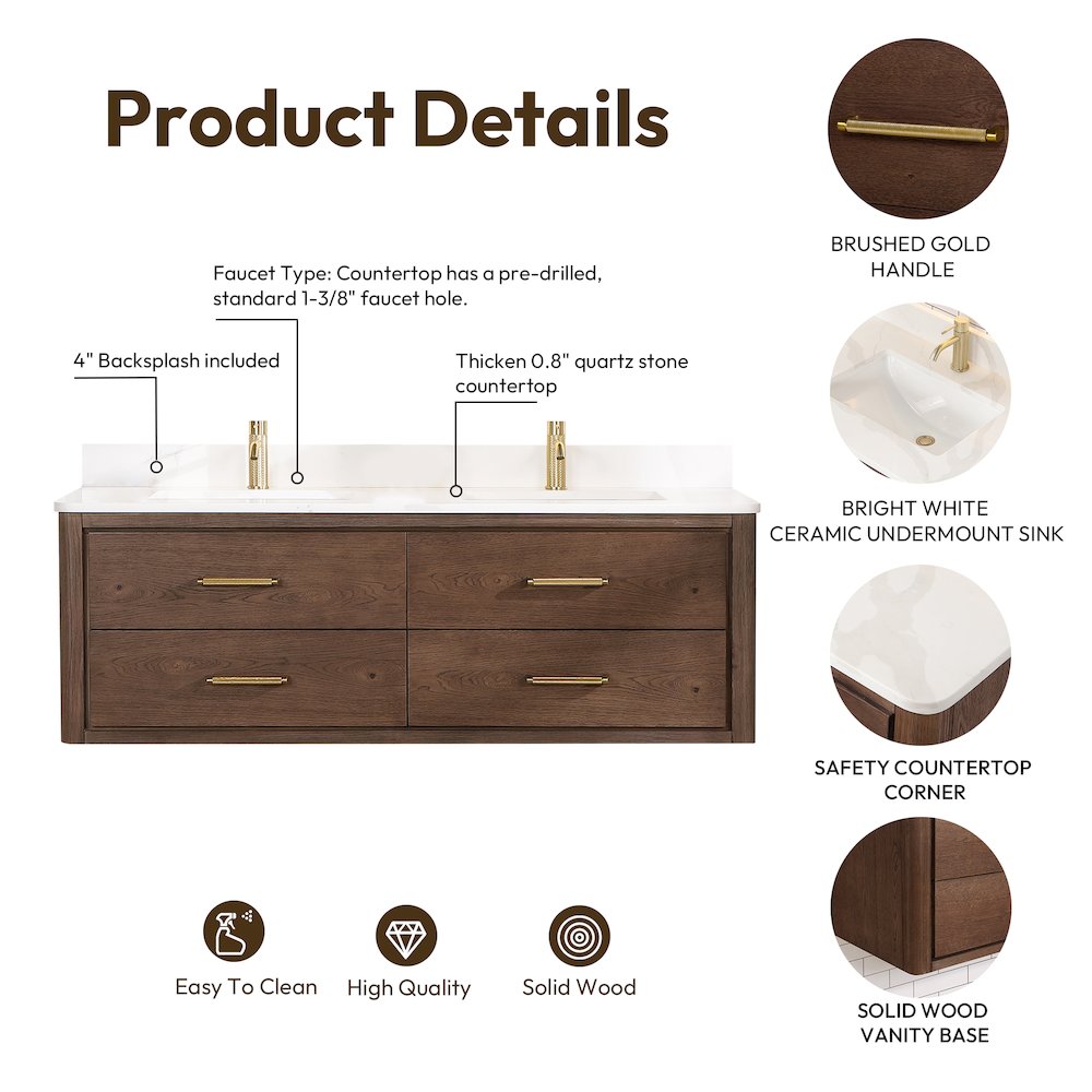 Cristo 60M" Floating Double Bath Vanity in Aged Dark Brown Oak