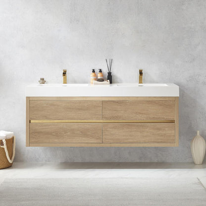 Double Sink Wall-Mount Bath Vanity with Composite Integral Square Sink Top