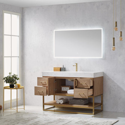 48" Single Vanity with White Grain Stone Countertop With Mirror