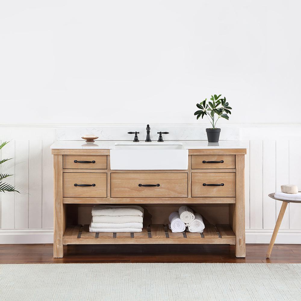 Single Bath Vanity with Composite Stone Top, White Farmhouse Basin