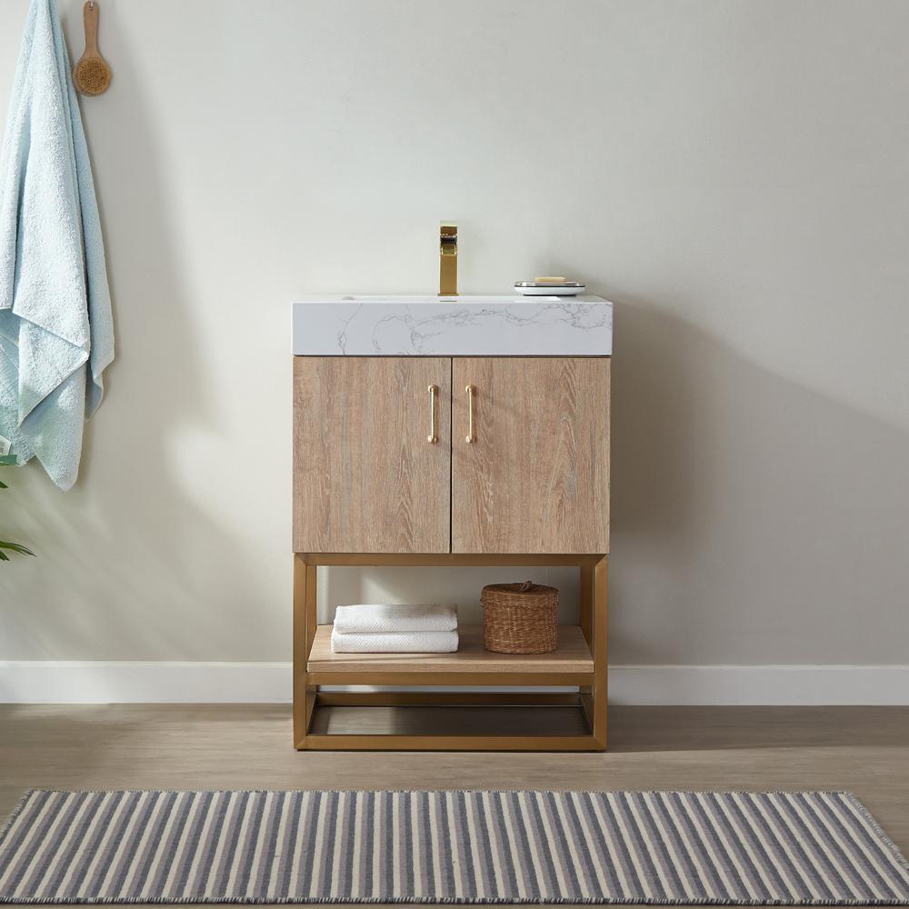 24" Single Vanity with White Grain Stone Countertop Without Mirror