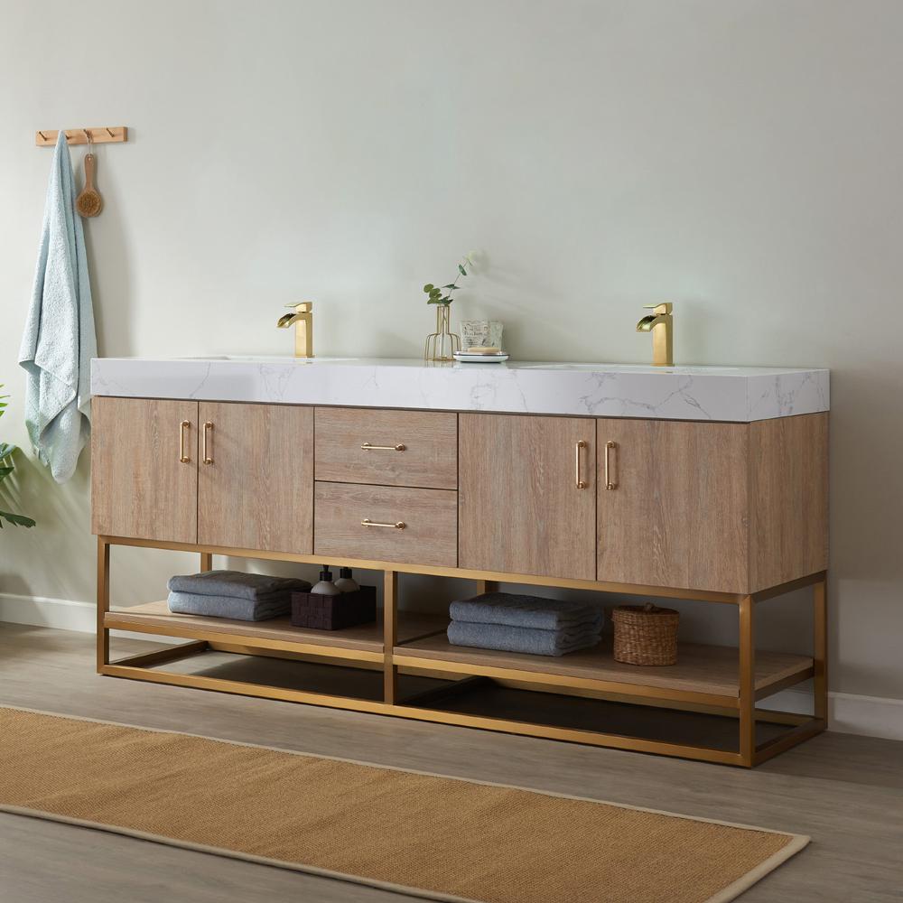 72" Double Vanity with White Grain Stone Countertop Without Mirror