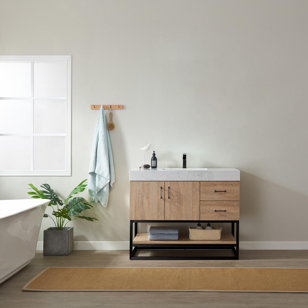 42B" Single Vanity with White Grain Stone Countertop Without Mirror