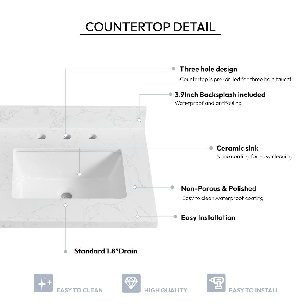 Composite Stone Vanity Top in Grain White with White Rectangular Single Sink