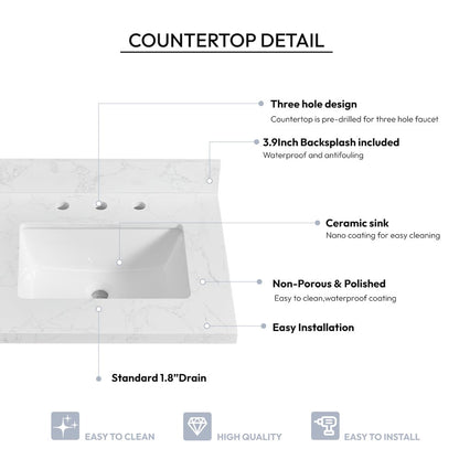 Composite Stone Vanity Top in Grain White with White Rectangular Single Sink