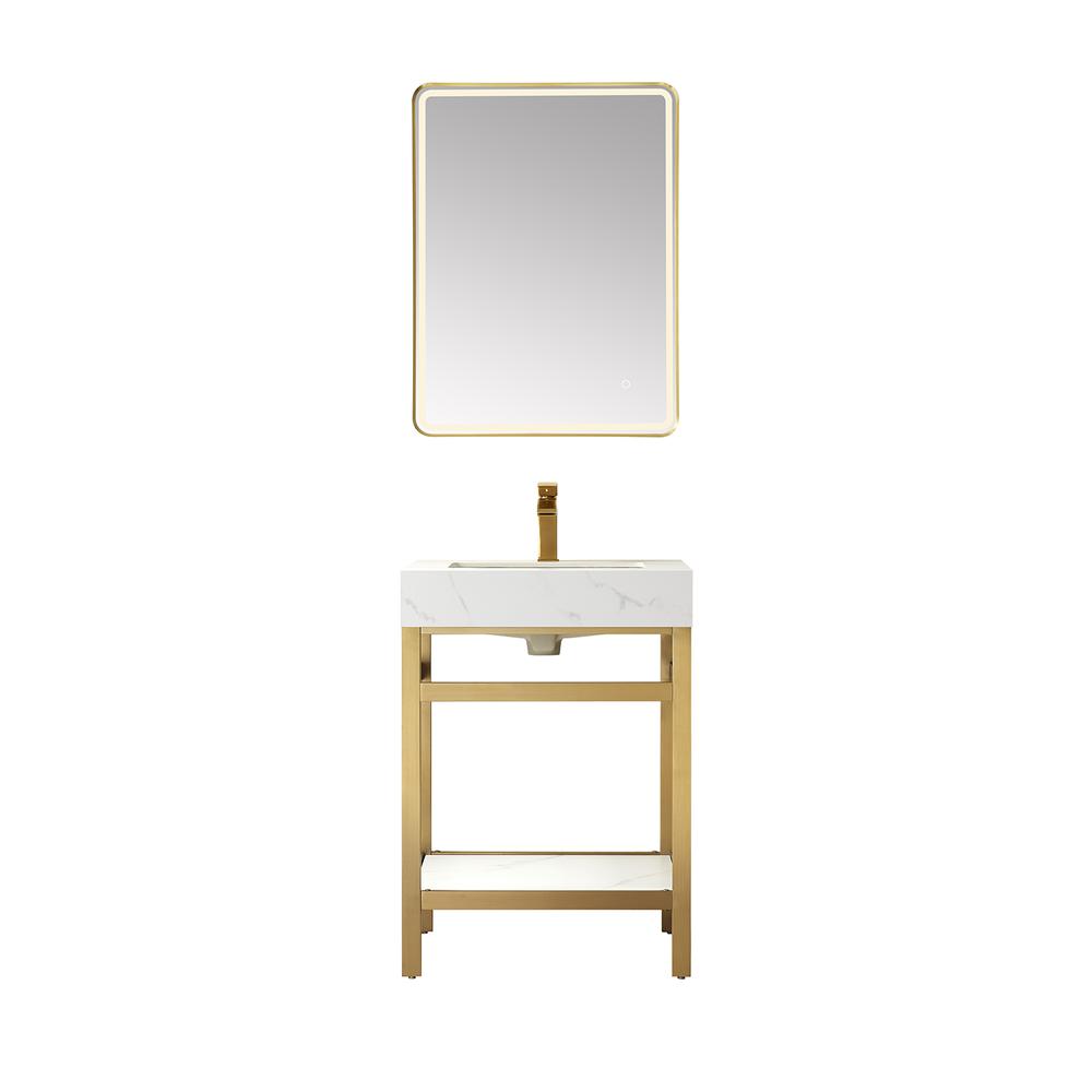 Single Sink Bath Vanity Metal Support with White Sintered Stone Top and Mirror