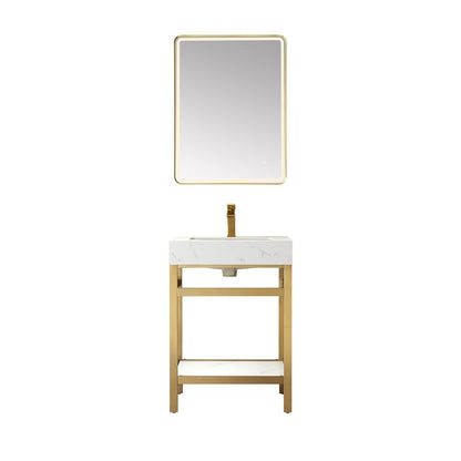 Single Sink Bath Vanity Metal Support with White Sintered Stone Top and Mirror