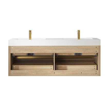 Double Sink Wall-Mount Bath Vanity Composite Integral Sink Top and Mirror