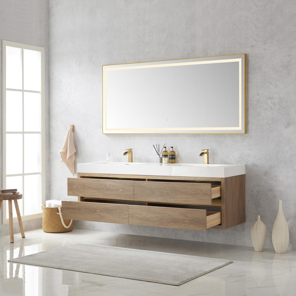 Double Sink Wall-Mount Bath Vanity Composite Integral Sink Top and Mirror