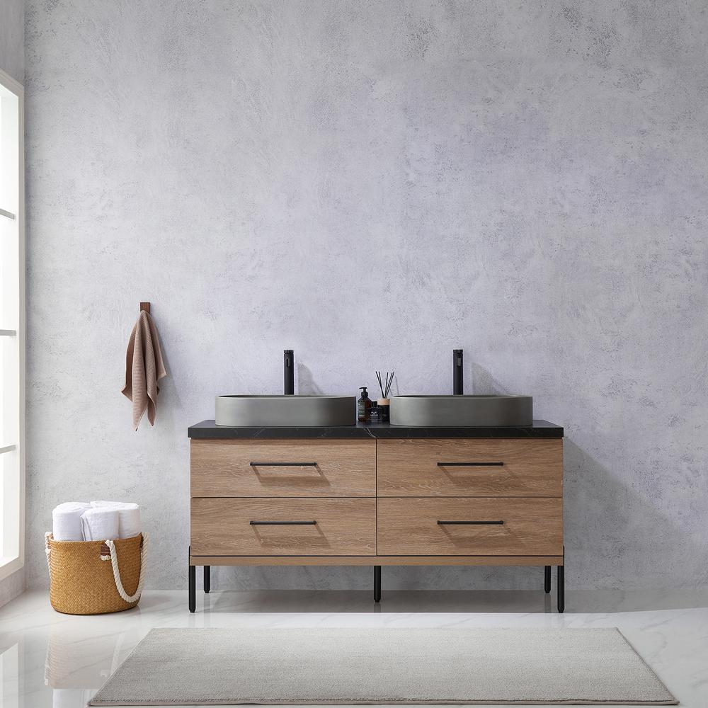 Double Sink Bath Vanity with Black Sintered Stone Top with Concrete Sink