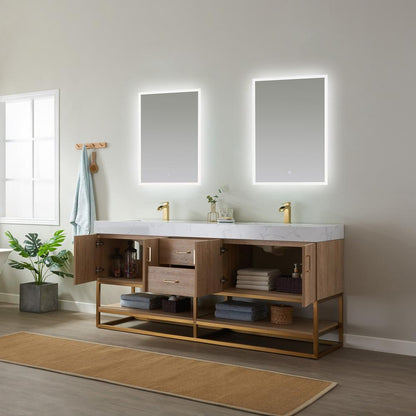 72" Double Vanity with White Grain Stone Countertop With Mirror