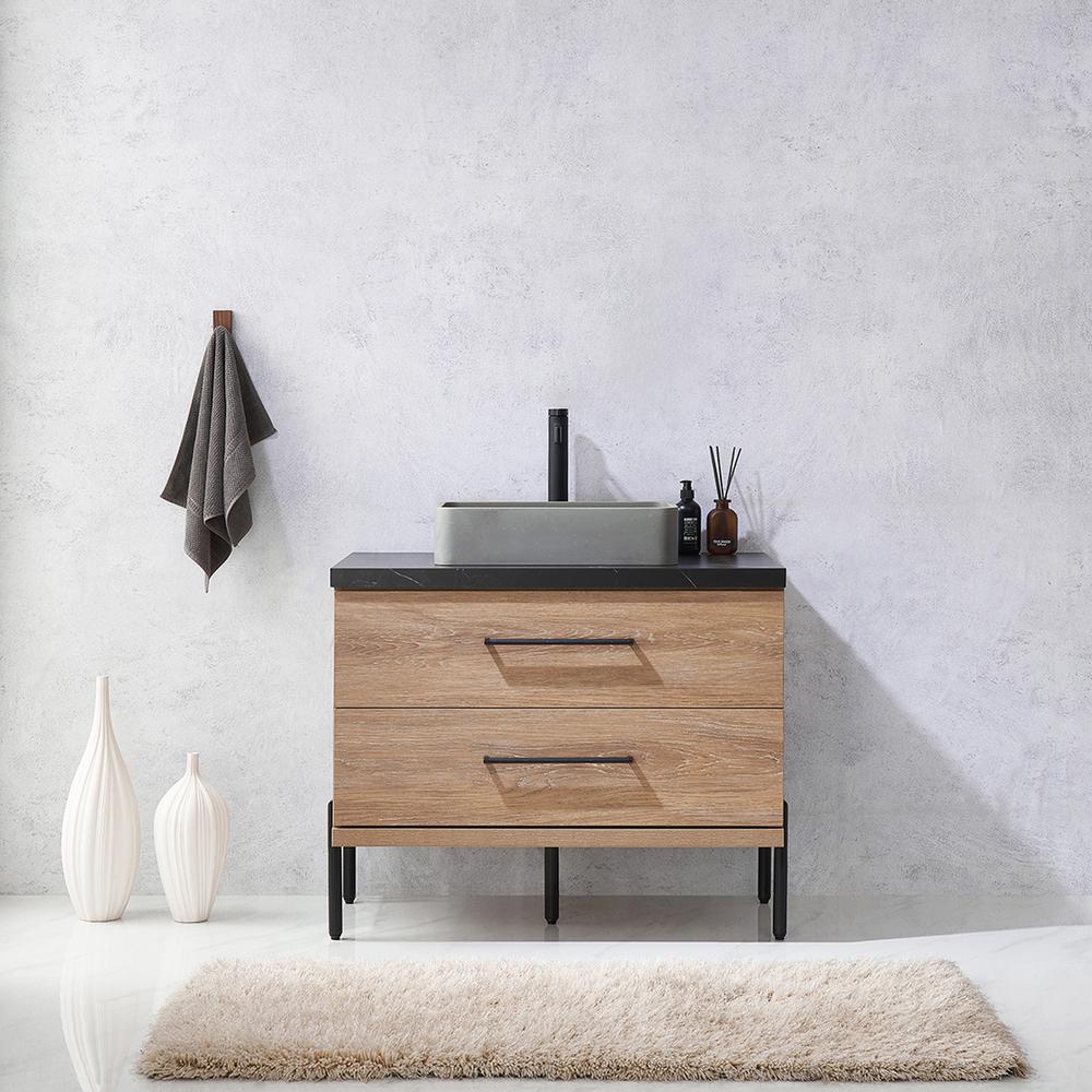 Single Sink Bath Vanity with Black Sintered Stone Top with Concrete Sink