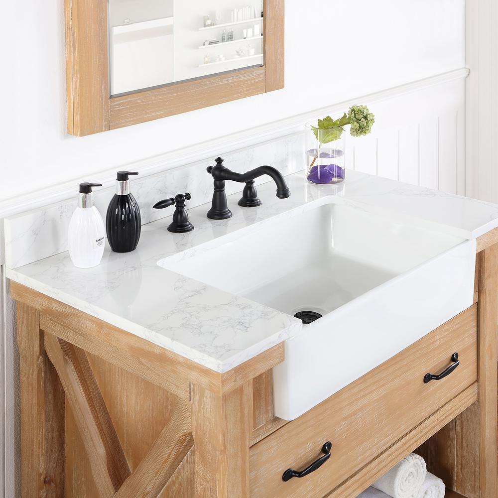 Single Bath Vanity with Composite Stone Top, White Farmhouse Basin and Mirror