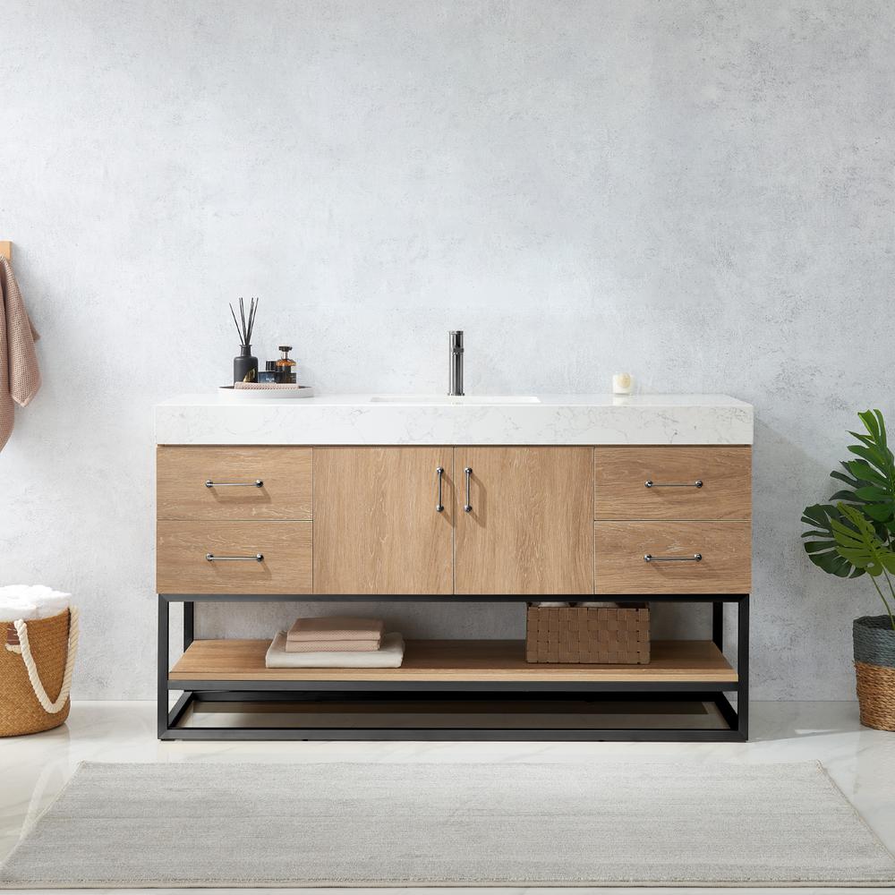 60BS" Single Sink Bath Vanity with White Grain Stone Countertop