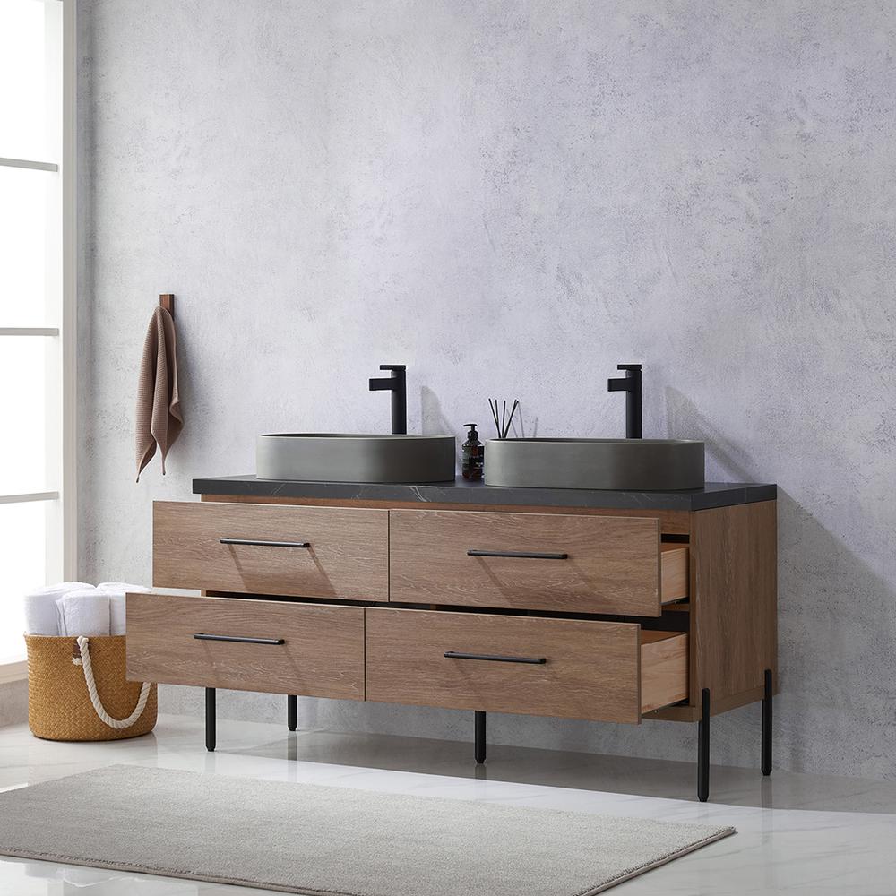 Double Sink Bath Vanity with Black Sintered Stone Top with Concrete Sink