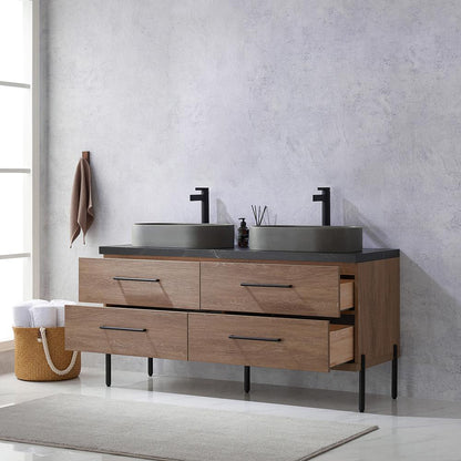 Double Sink Bath Vanity with Black Sintered Stone Top with Concrete Sink