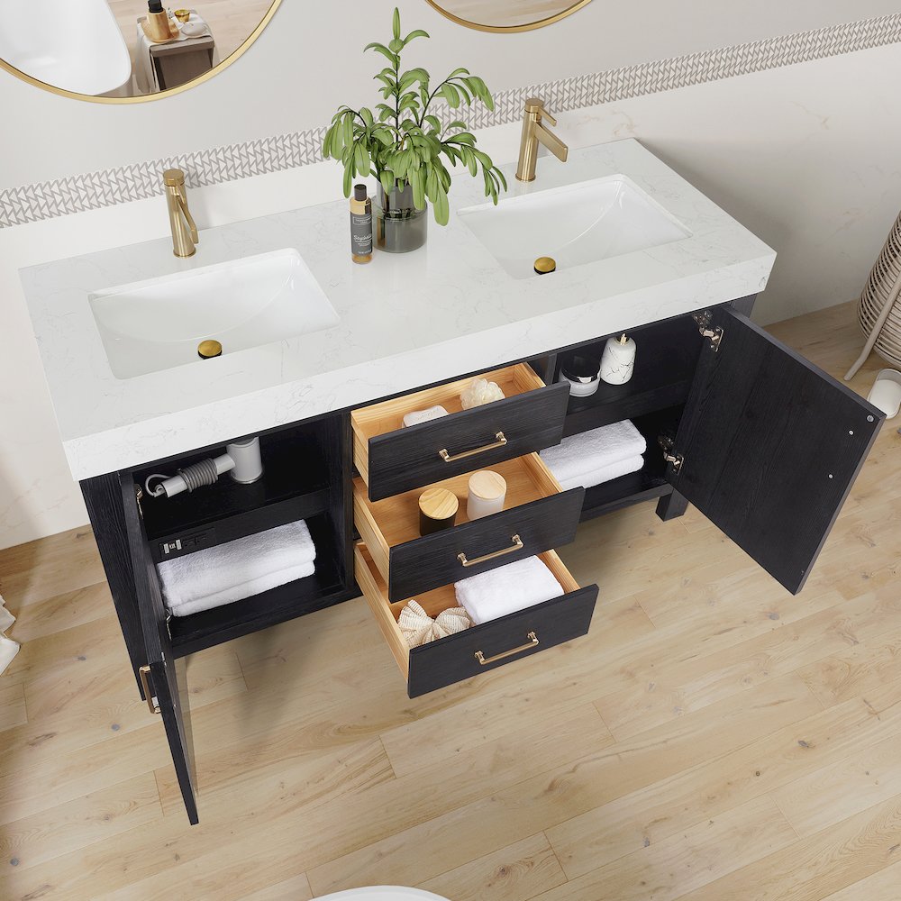 León 60in. Free-standing Double Bathroom Vanity in Fir Wood Black