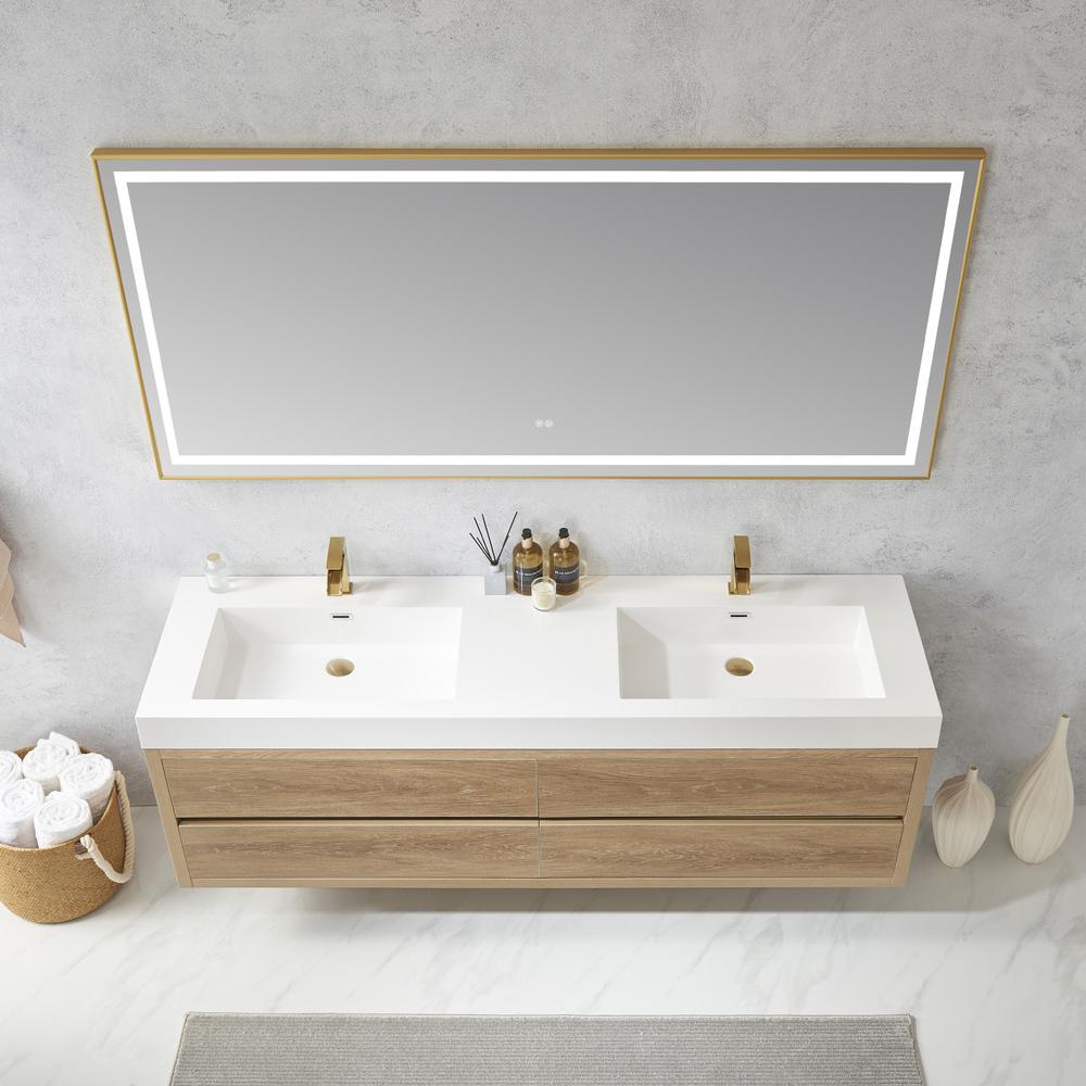 Double Sink Wall-Mount Bath Vanity Composite Integral Sink Top and Mirror