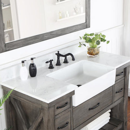 Single Bath Vanity with Composite Stone Top, White Farmhouse Basin and Mirror