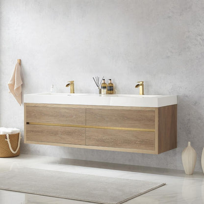 Double Sink Wall-Mount Bath Vanity with Composite Integral Square Sink Top