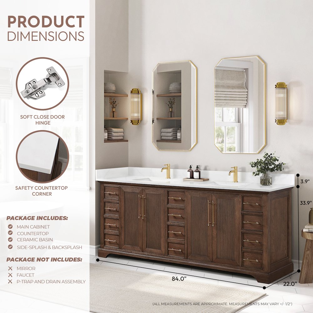 Tokyo 84" Freestanding Double Bath Vanity in Aged Dark Brown Oak
