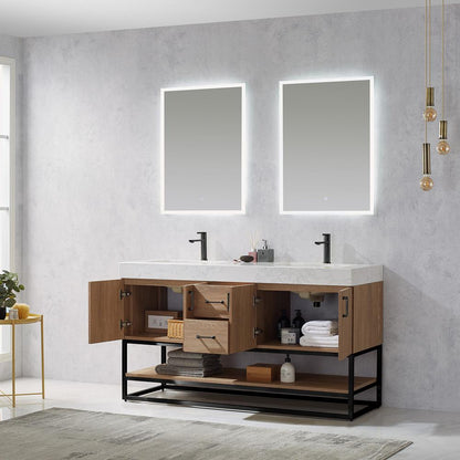 60B" Double Vanity with White Grain Stone Countertop With Mirror