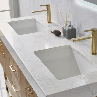 60" Double Vanity with White Grain Stone Countertop With Mirror