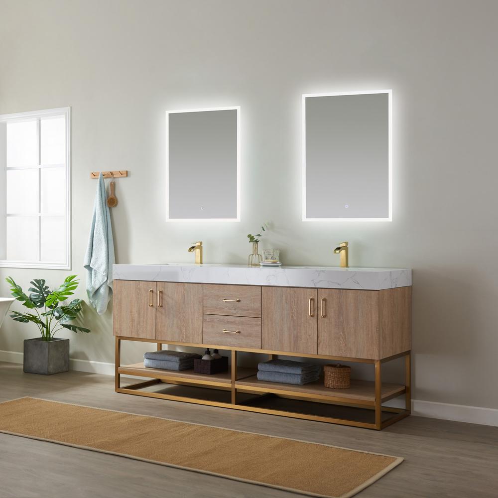 72" Double Vanity with White Grain Stone Countertop With Mirror