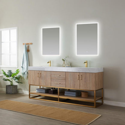 72" Double Vanity with White Grain Stone Countertop With Mirror