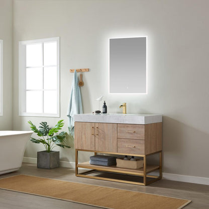 42" Single Vanity with White Grain Stone Countertop With Mirror
