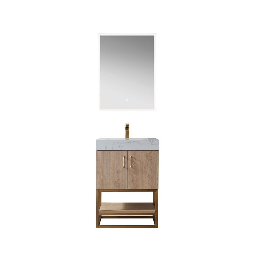 24" Single Vanity with White Grain Stone Countertop With Mirror