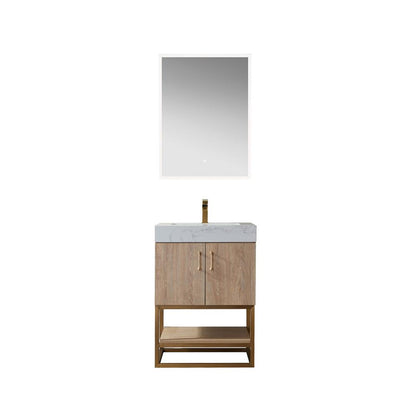 24" Single Vanity with White Grain Stone Countertop With Mirror