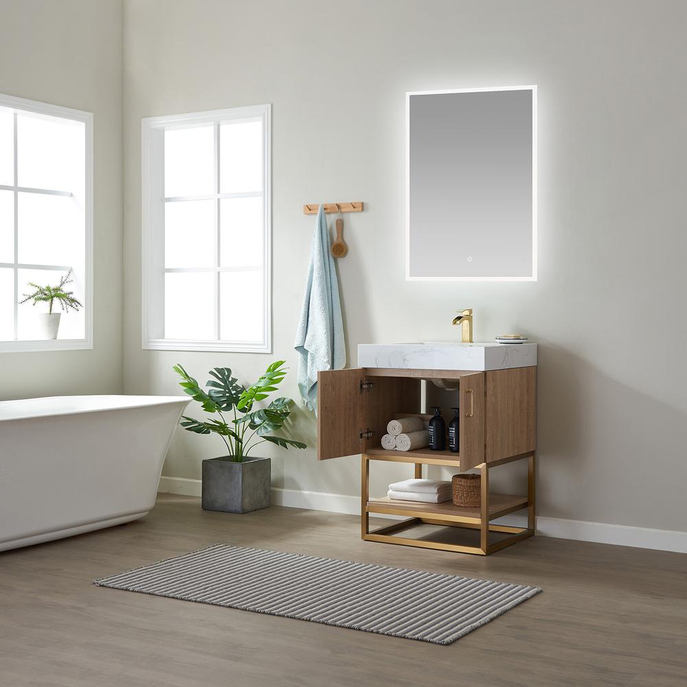 24" Single Vanity with White Grain Stone Countertop With Mirror