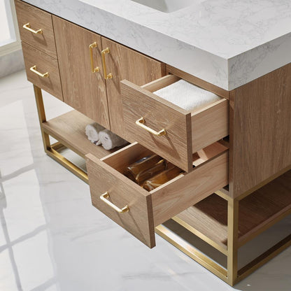 48" Single Vanity with White Grain Stone Countertop With Mirror