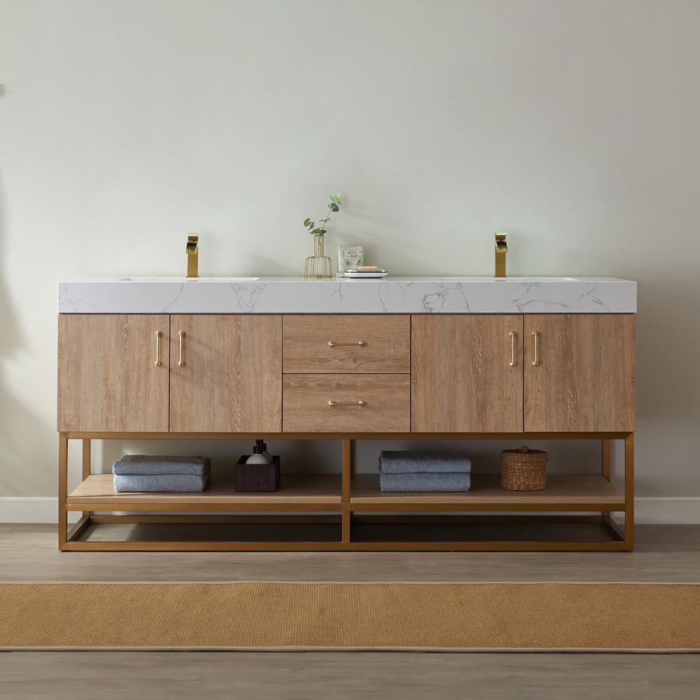72" Double Vanity with White Grain Stone Countertop Without Mirror