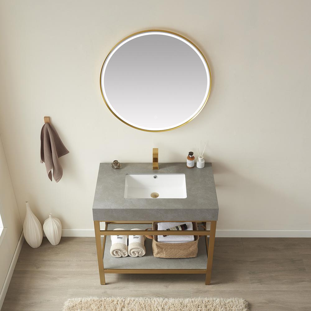 Single Sink Bath Vanity Metal Support with Grey Sintered Stone Top and Mirror