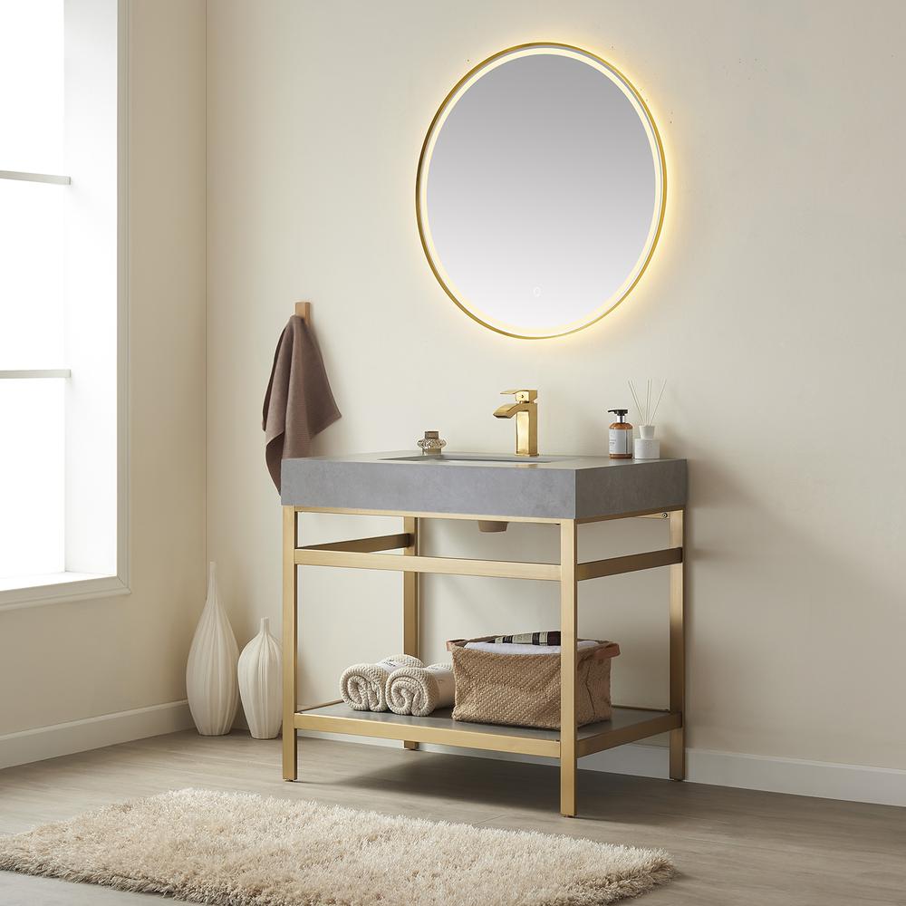 Single Sink Bath Vanity Metal Support with Grey Sintered Stone Top and Mirror