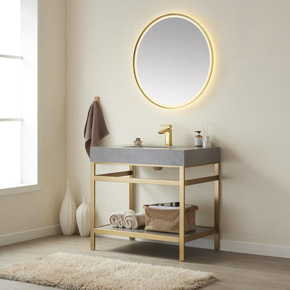 Single Sink Bath Vanity Metal Support with Grey Sintered Stone Top and Mirror