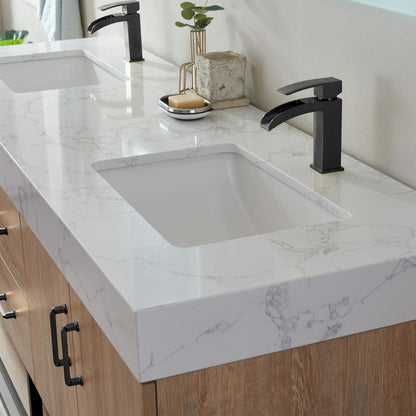 72B" Double Vanity with White Grain Stone Countertop With Mirror