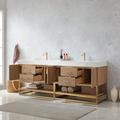 84" Double Sink Bath Vanity with White Grain Stone Countertop