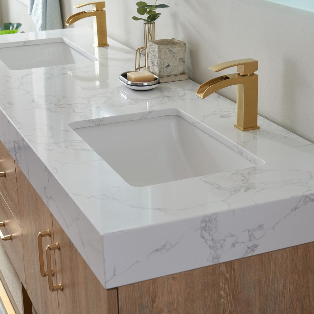 72" Double Vanity with White Grain Stone Countertop With Mirror