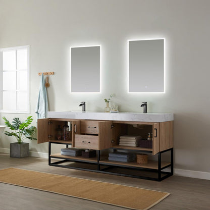 72B" Double Vanity with White Grain Stone Countertop With Mirror
