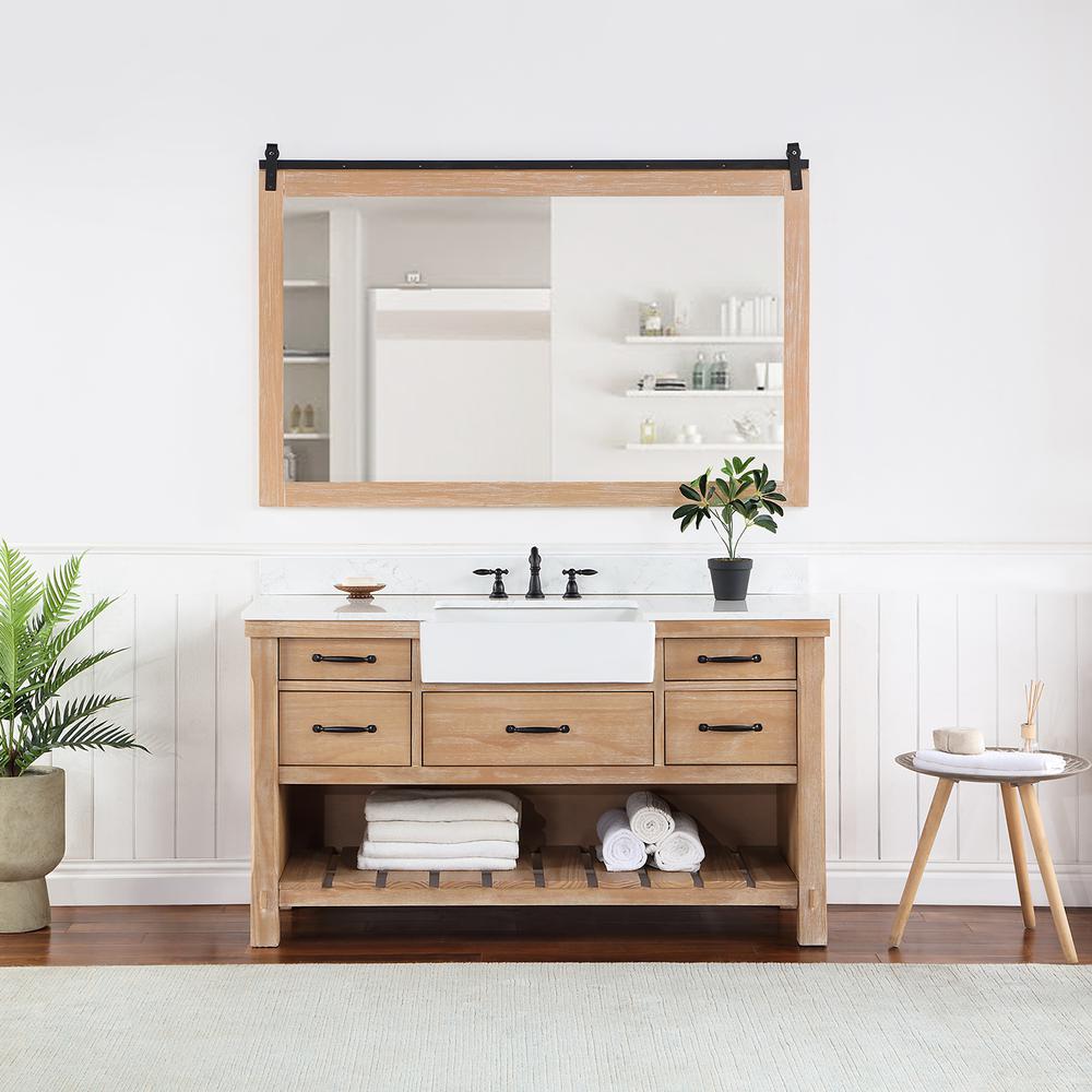 Single Bath Vanity with Composite Stone Top, White Farmhouse Basin and Mirror