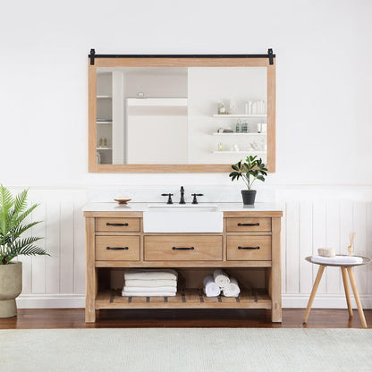 Single Bath Vanity with Composite Stone Top, White Farmhouse Basin and Mirror